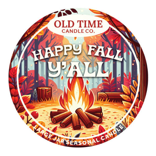 Circular fall candle label featuring a campfire, autumn forest, and Happy Fall Y’all typography.