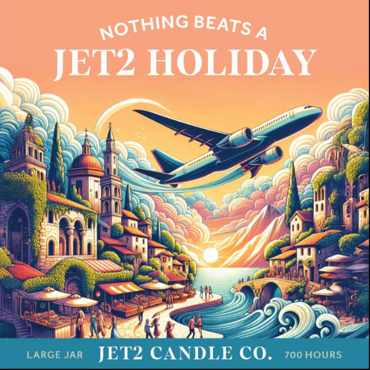 Colorful travel-inspired candle label featuring coastal scenery, an airplane, and Jet2 Holiday typography.