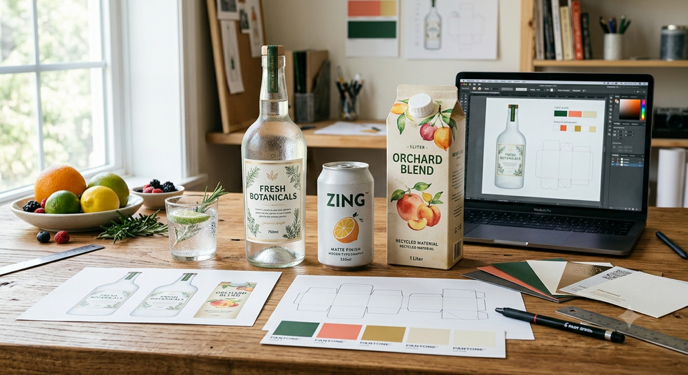 Beverage bottle, can, and carton displayed with printed label proofs and design tools for professional print-ready artwork preparation.