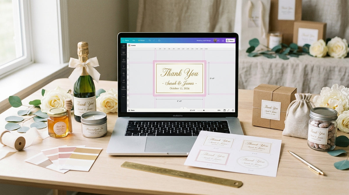 Wedding label artwork being prepared for professional print-ready production