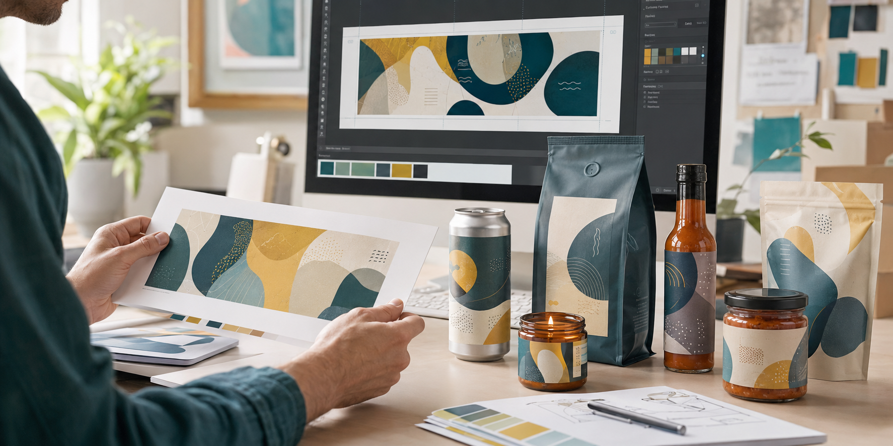 AI-assisted label design studio creating print-ready packaging artwork for beverage and food products.