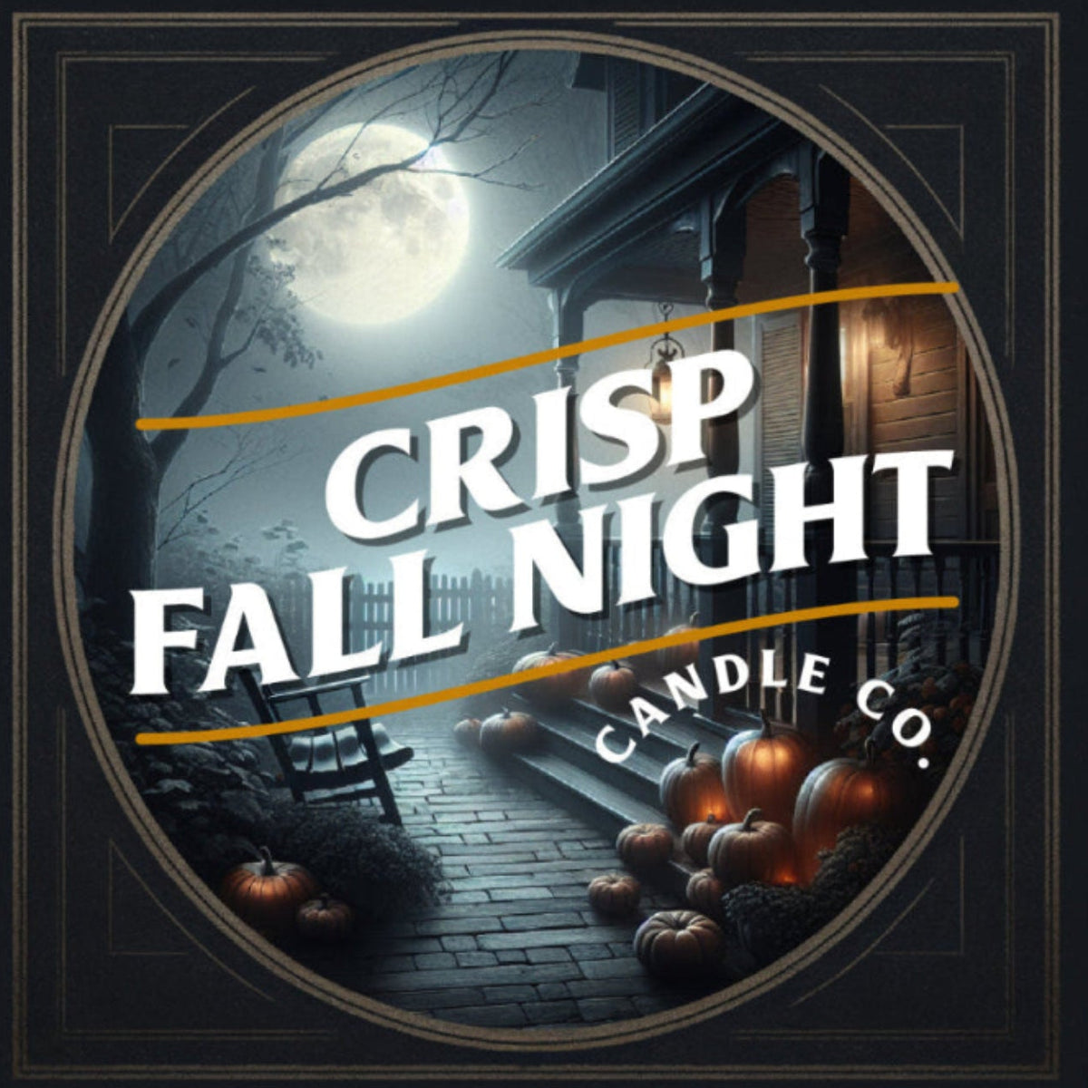 Autumn candle label featuring a moonlit porch, pumpkins, and Crisp Fall Night typography.