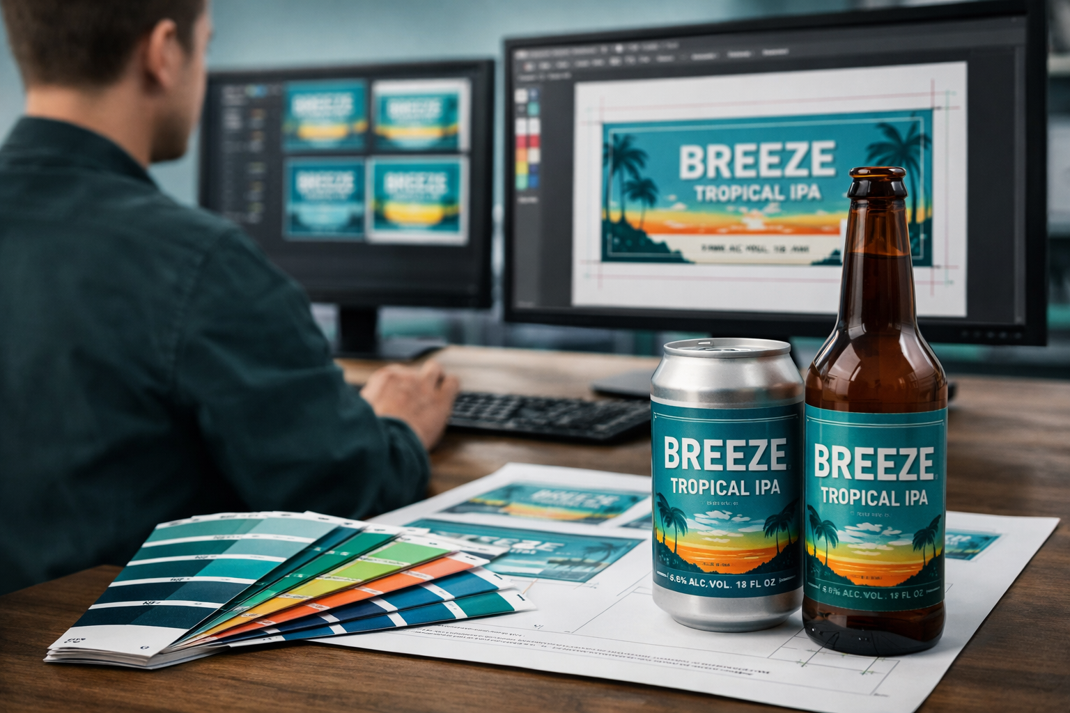 AI-assisted label design studio creating a print-ready beverage label with packaging design, color proofs, and production files.