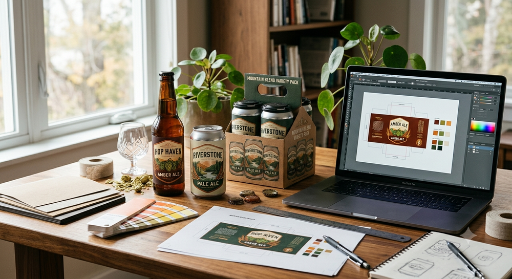 Beer can, bottle, and carton displayed with printed label proofs and design tools for professional print-ready artwork preparation.