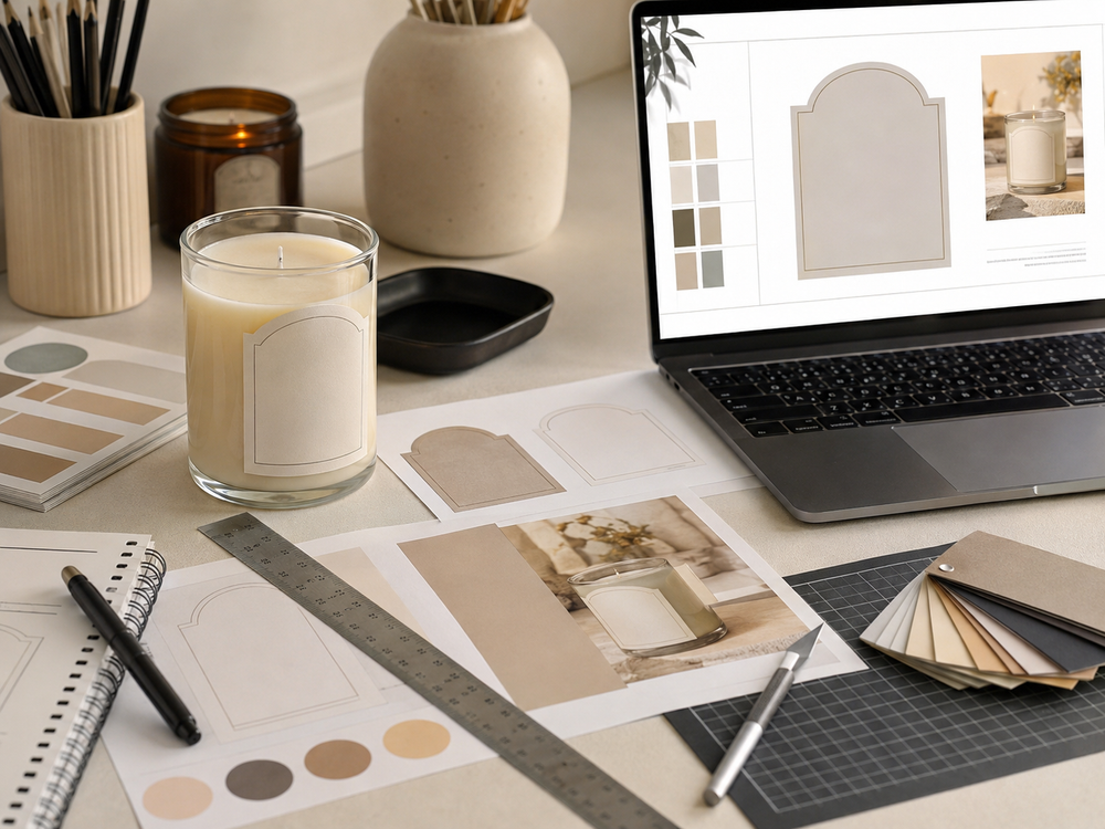 Candle label artwork, printed proofs, and design tools arranged on a professional packaging design workspace.
