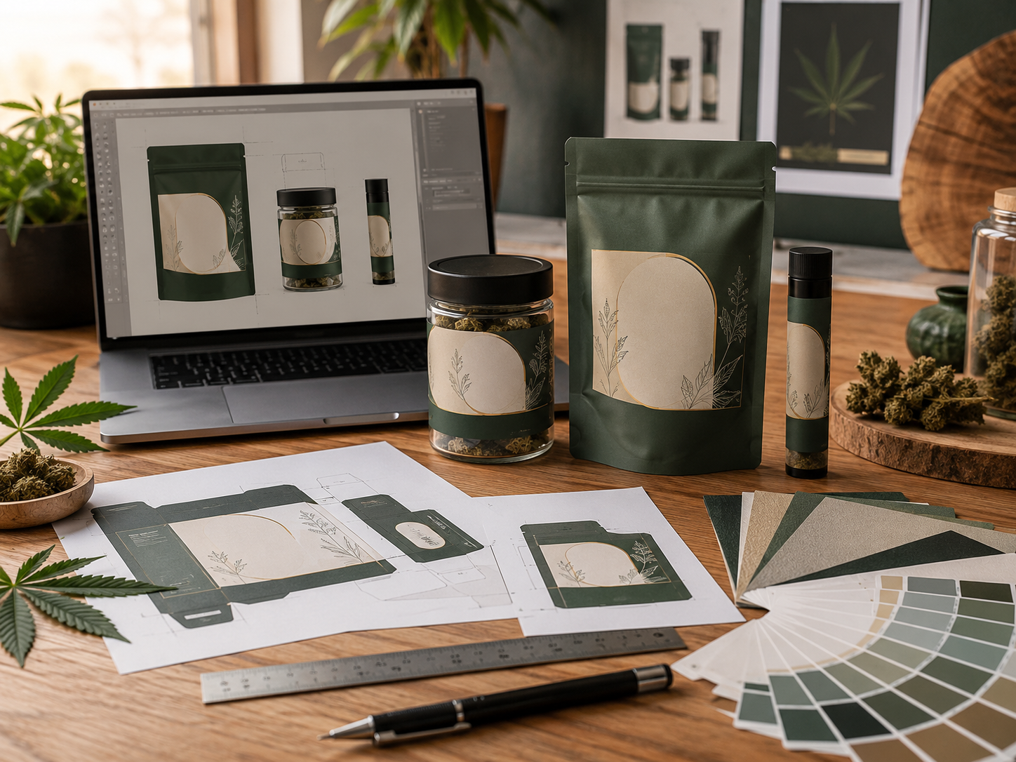 Cannabis packaging artwork, printed proofs, and design tools arranged for professional print-ready file preparation.