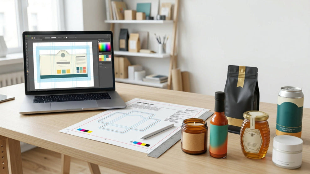 Canva label artwork beside print proofs, dielines, color swatches, and finished product packaging prepared for professional printing.