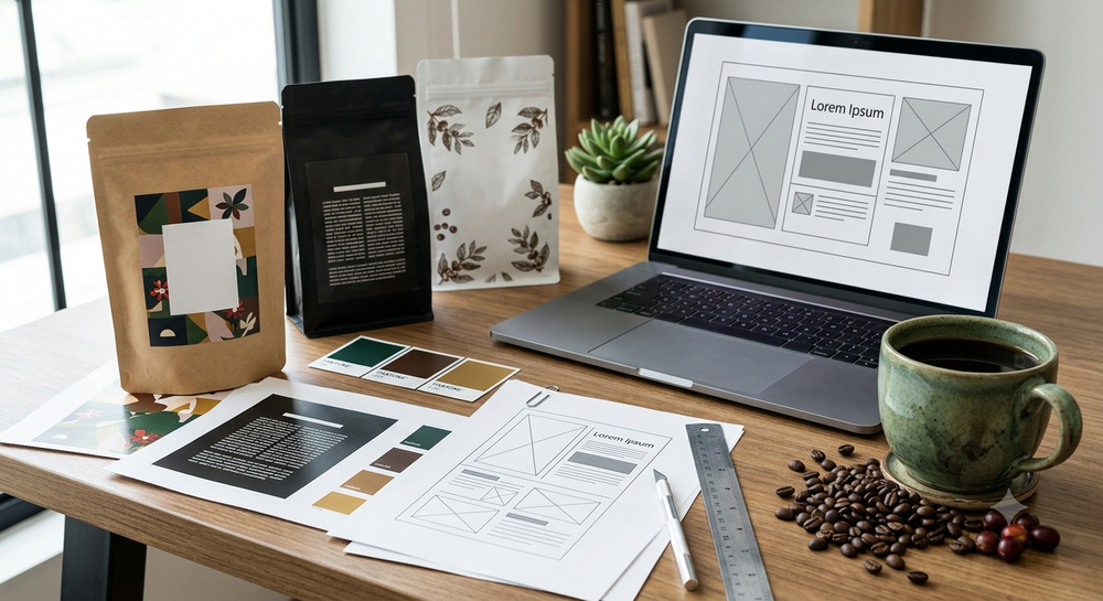 Coffee packaging artwork, printed label proofs, and design tools arranged on a professional label design workspace.