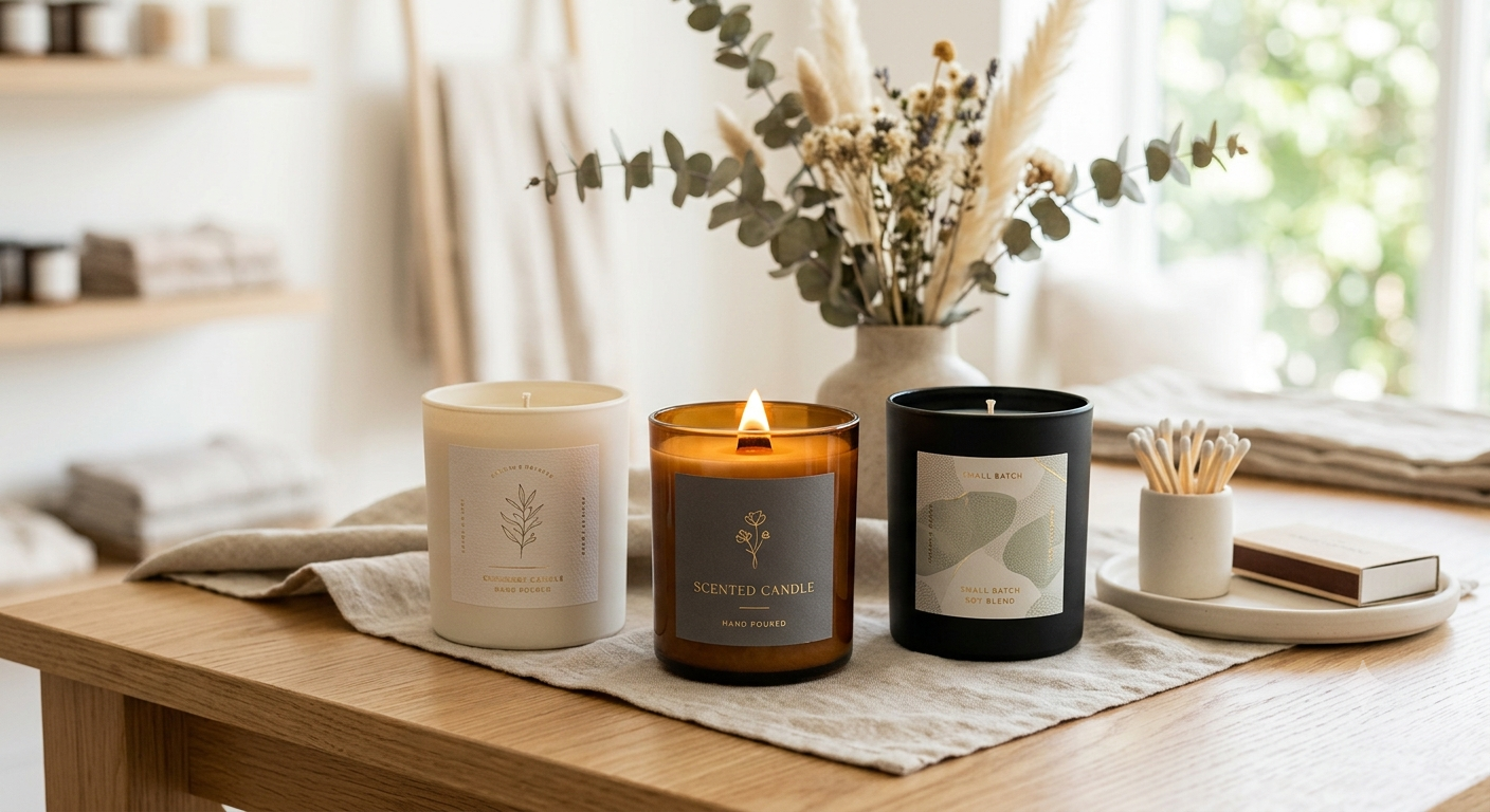 Three modern candle jars with professionally designed botanical labels displayed in a warm, minimalist lifestyle setting.