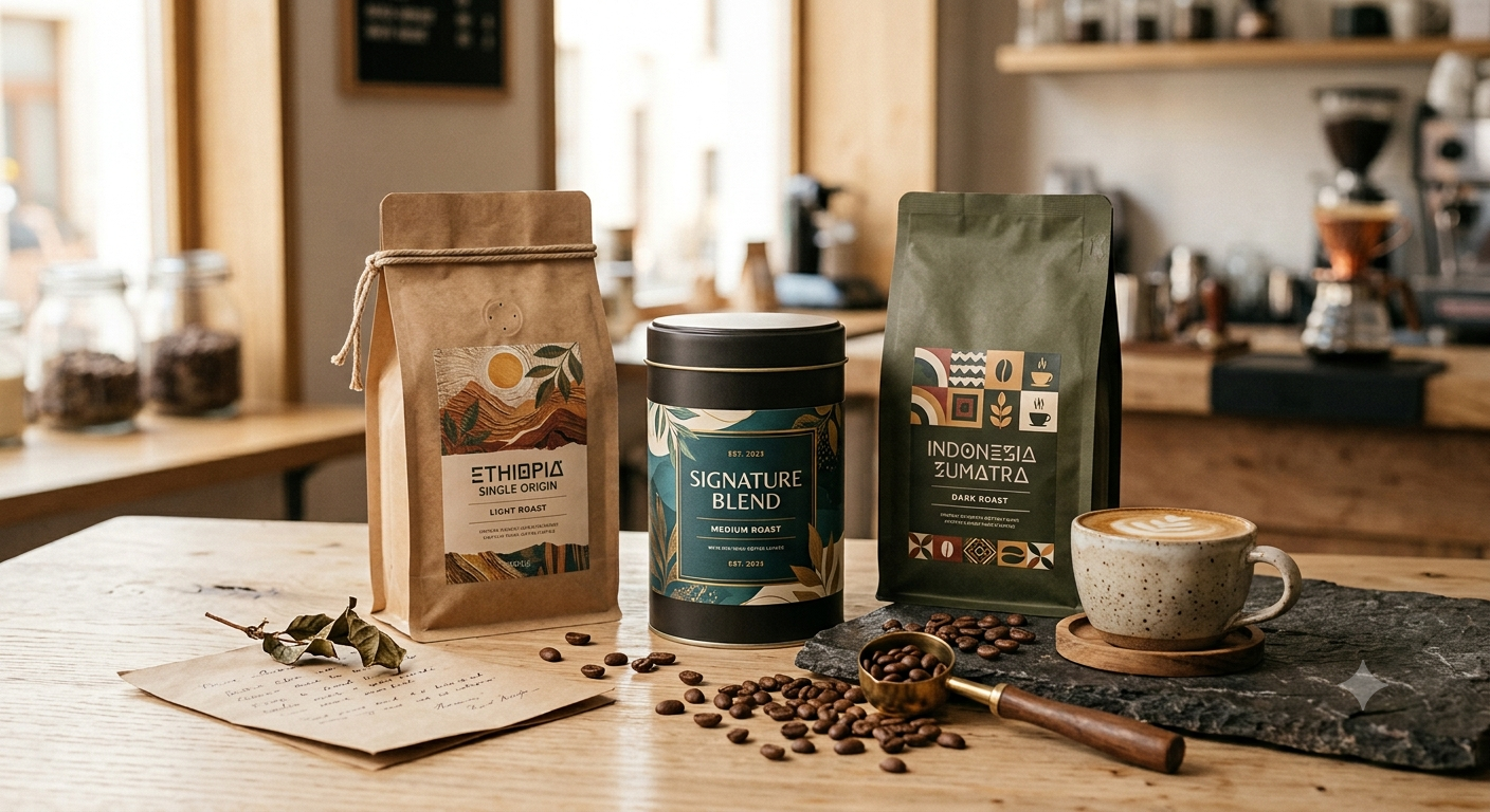 Three premium coffee packages with professionally designed labels displayed beside coffee beans and a ceramic cup.