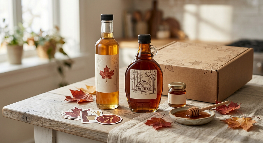 Maple syrup bottles and branded stickers with professionally designed artwork displayed with maple leaves and rustic packaging.