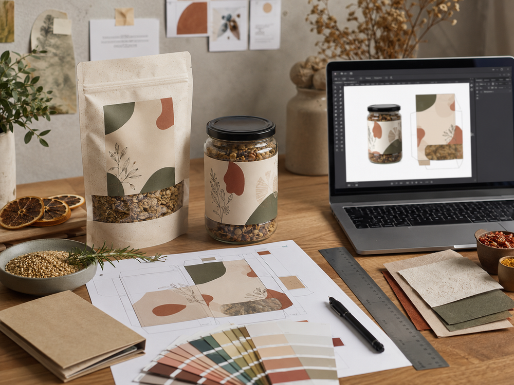 Food label artwork, printed proofs, and design tools arranged for professional print-ready file preparation.
