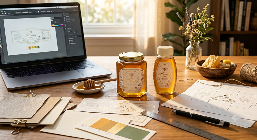 Honey label artwork, printed proofs, and design tools arranged for professional print-ready file preparation.