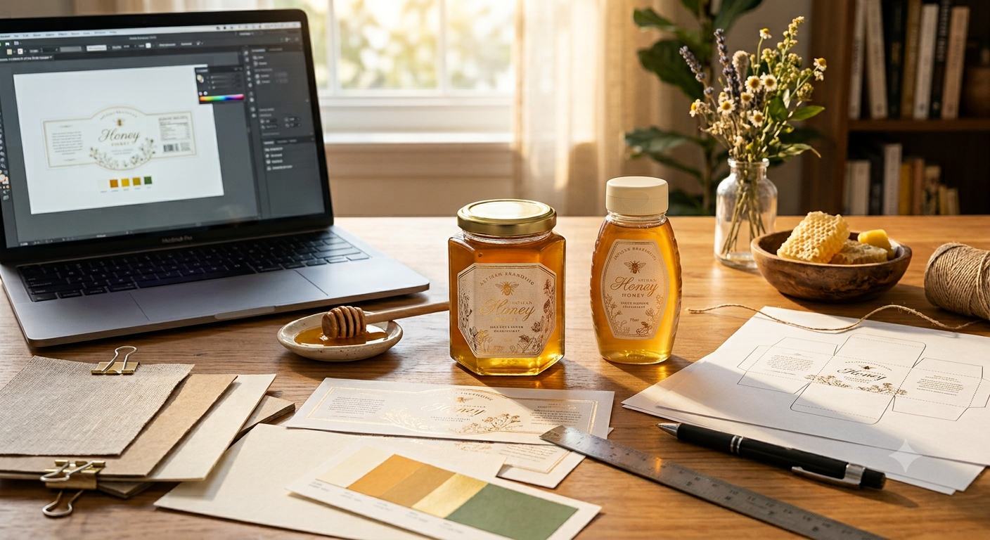 Honey label artwork, printed proofs, and design tools arranged for professional print-ready file preparation.