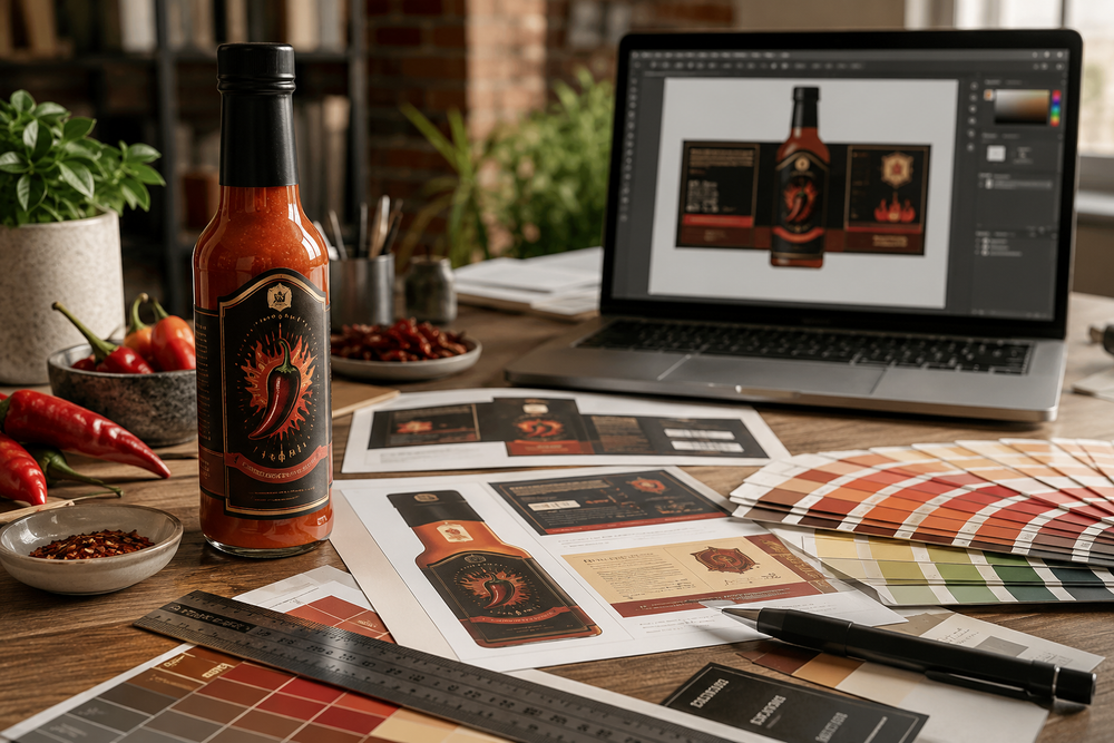 Hot sauce label artwork, printed proofs, and design tools arranged for professional print-ready file preparation.