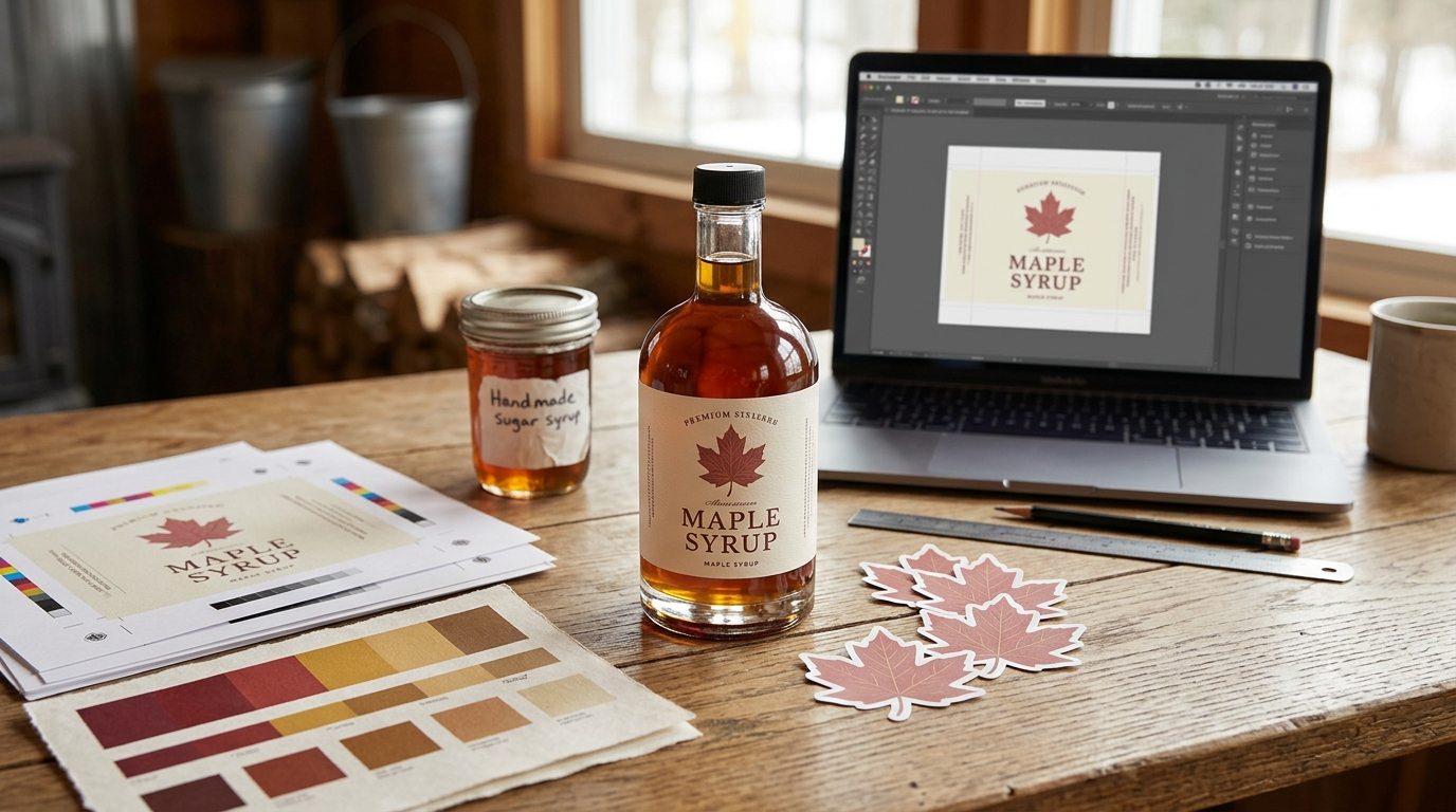 Maple syrup label and sticker artwork arranged with printed proofs and design tools for print-ready file preparation.