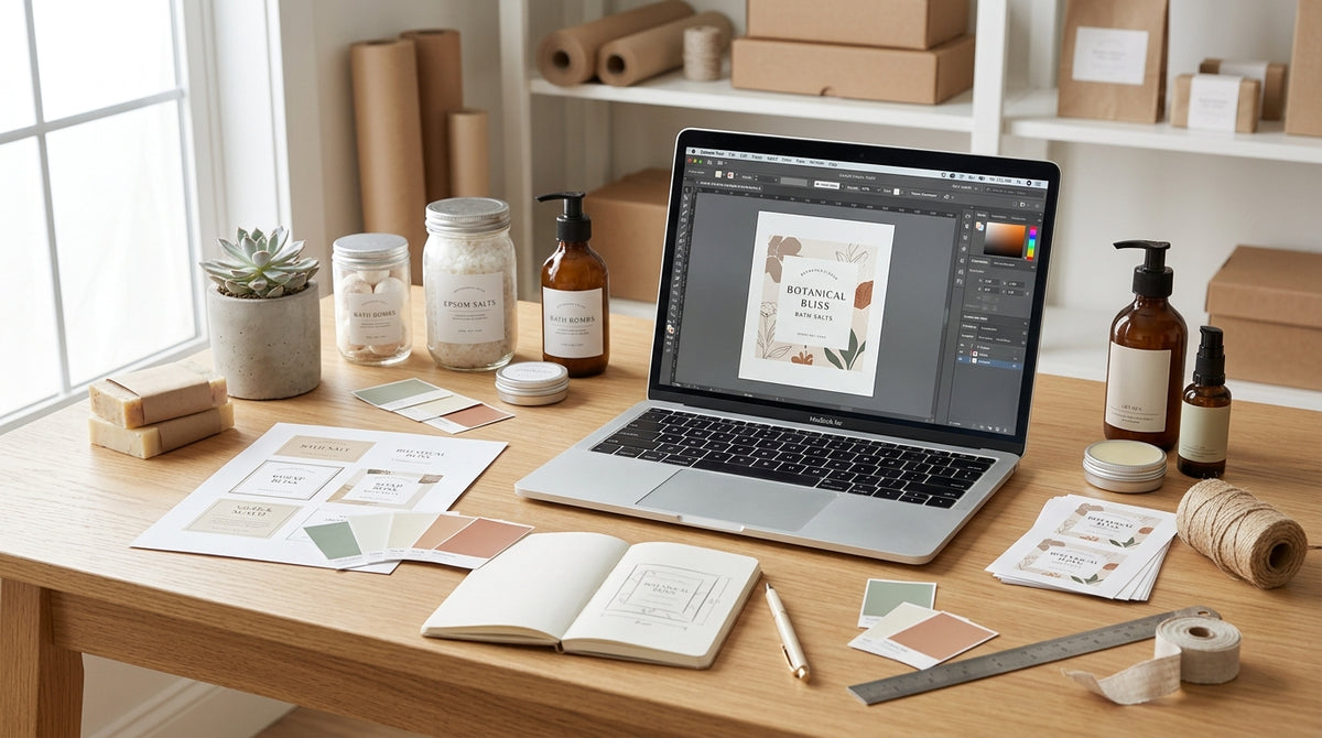Soap and bath product label artwork being prepared for professional print-ready production