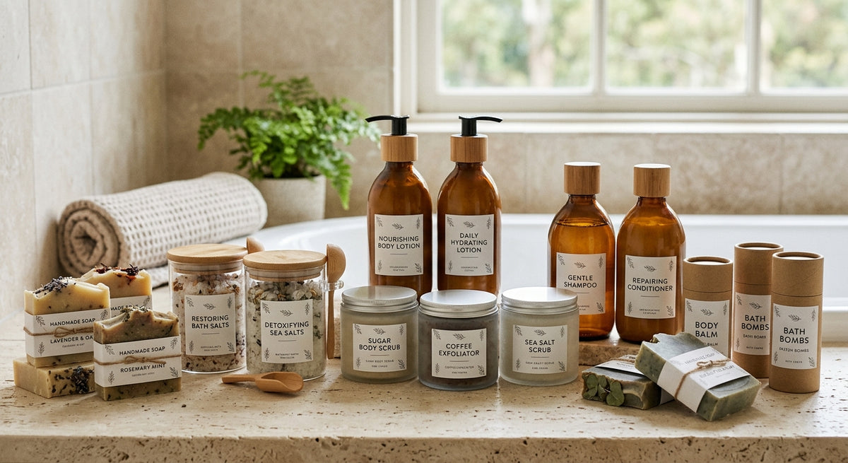 Custom soap and bath product label designs on soap bars, scrub jars, lotions, and body care products