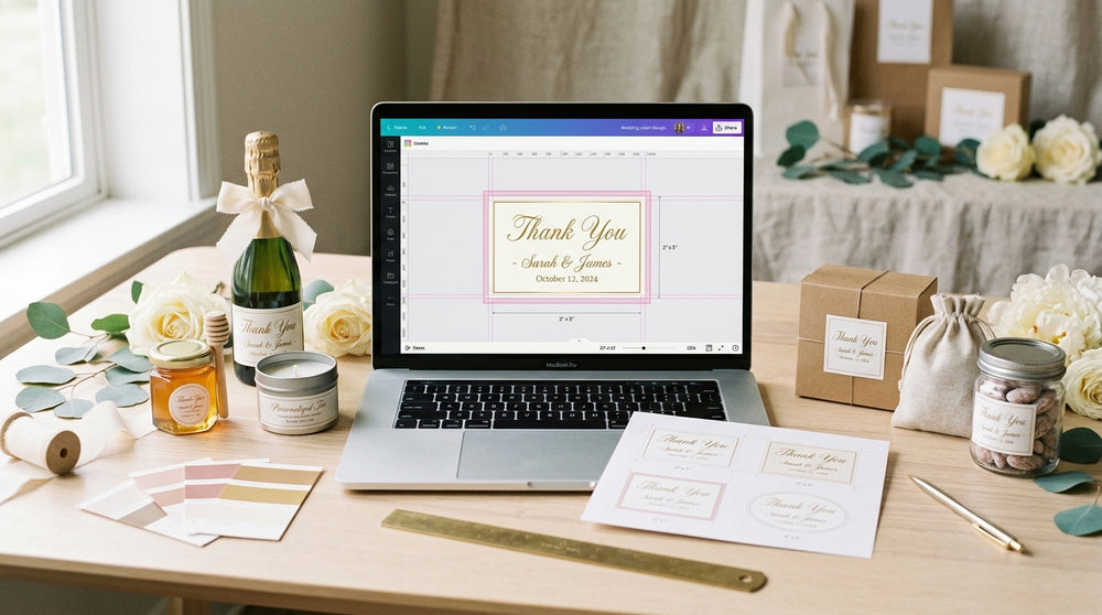 Wedding label artwork being prepared for professional print-ready production