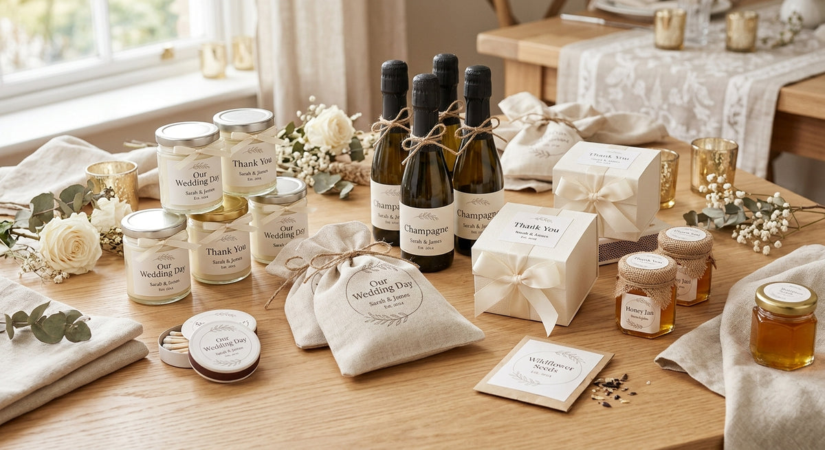 Custom wedding label designs on favors, bottles, candles, jars, gifts, and personalized wedding goods